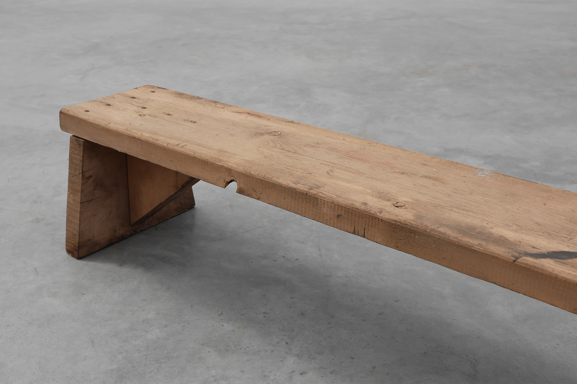 Rustic French solid wooden low bench in wabi wabi style, ca. 1880thumbnail
